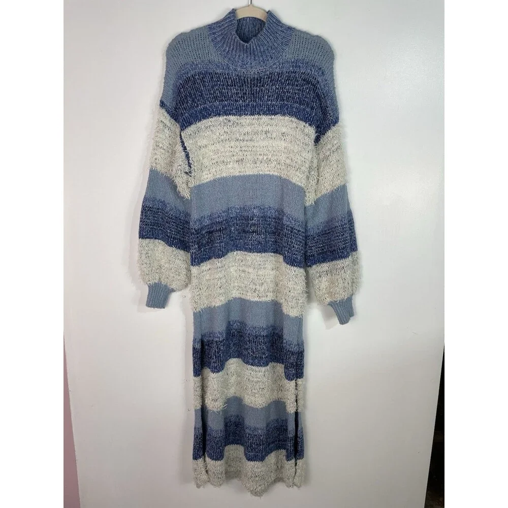 Free People Sweater Dress M Making Waves Blue Striped Eyelash-knit‎ Granola Girl
